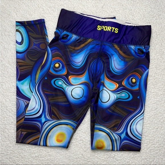 Sports Leggings Blue spiral Galaxy circles Size Small Med Gym Workout Space - Picture 4 of 11